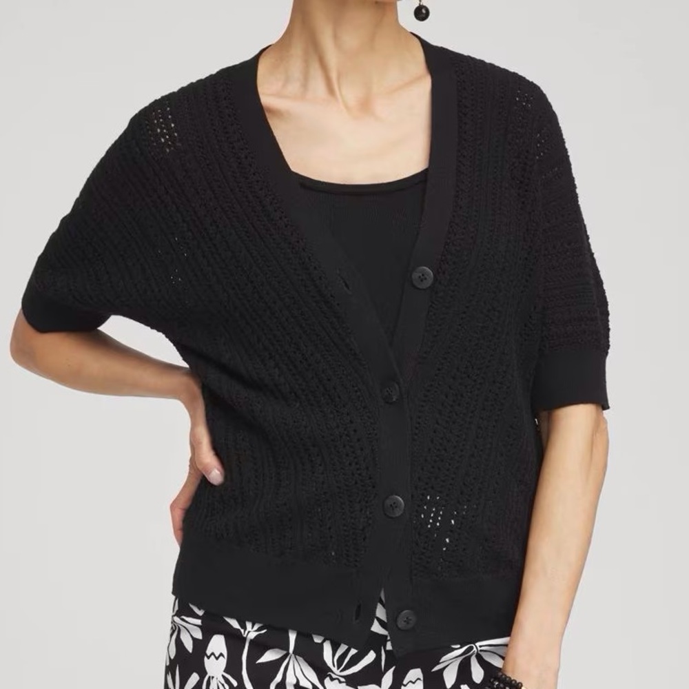 Chicos Women Sz 0 US S Black V-Neck Button Front Dolman Pointelle Cardigan NWOT